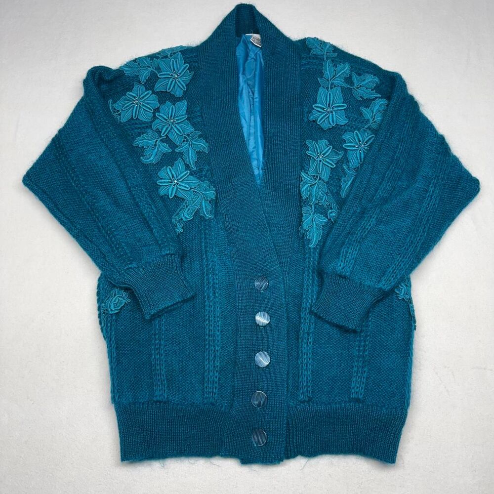 Vintage New W/Tags Teal Embroidered Cardigan Sweater Floral Button-Up Cardigan